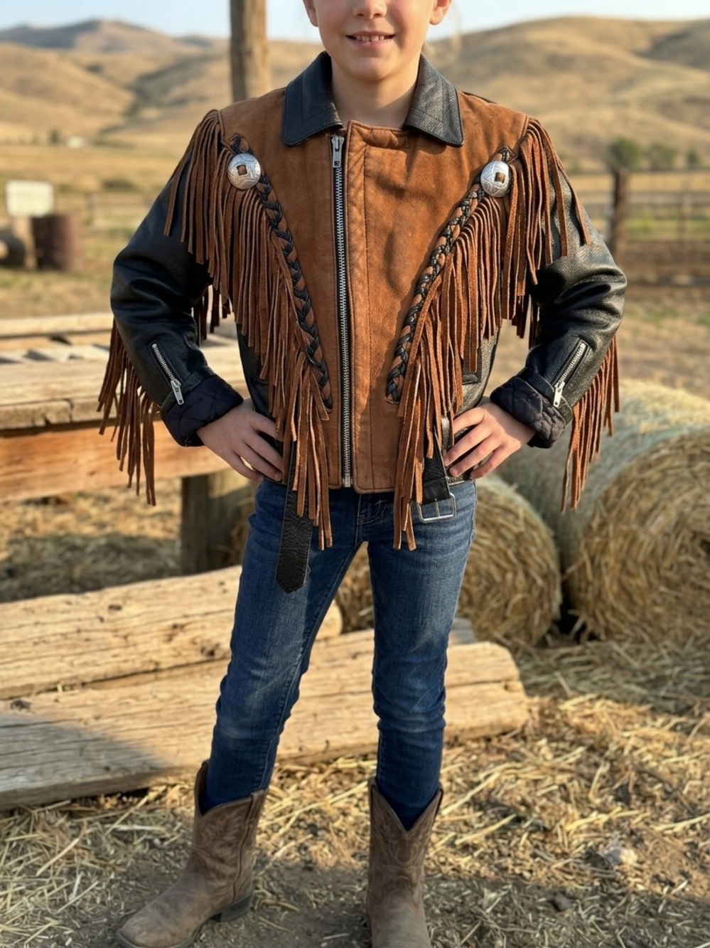 Vintage JR Kids Leather Fringe Motorcycle Jacket Two-Tone Western Biker Youth L